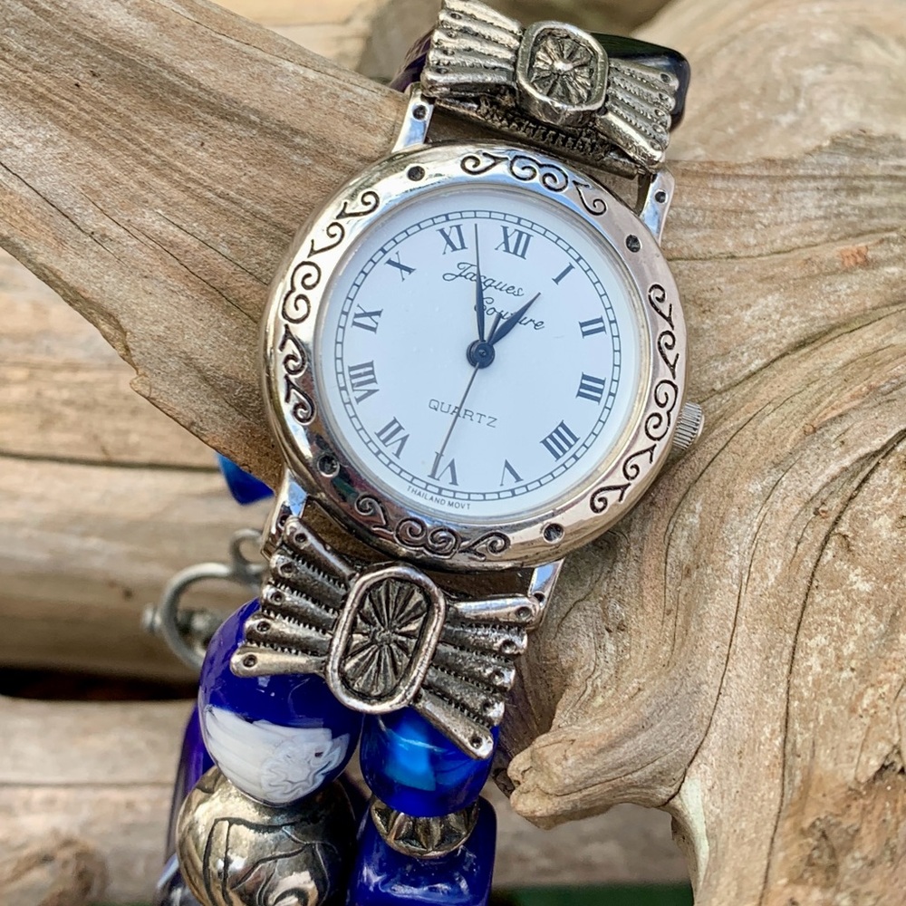 Jacques Couture Silver Tone Blue Beaded Bracelet Watch New Battery